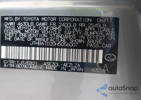 2017 Lexus Is 200T из США, поврежденный, VIN JTHBA1D20H5056007